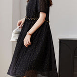 V-Neck Ruffle Decor Dot Pattern Sheer Dress with Lining - liwisi
