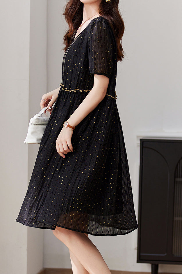 V-Neck Ruffle Decor Dot Pattern Sheer Dress with Lining - liwisi