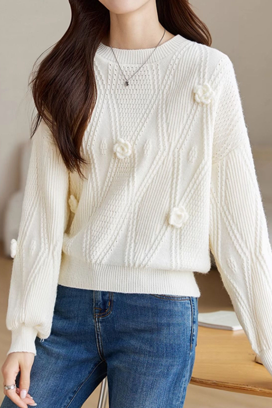 Elegant Loose Lantern Sleeve 3D Flower Pullover Sweater - liwisi