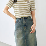 Round Neck Butterfly Embroidered Decor Striped T-Shirt - liwisi