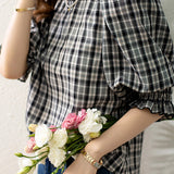 Ruffle Decor Round Neck Check Blouse - liwisi