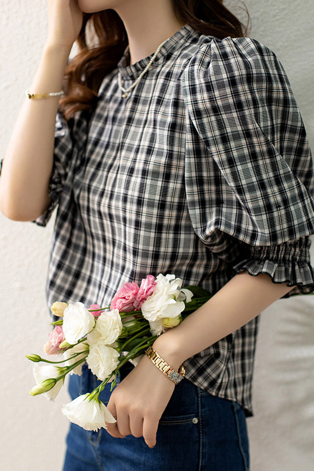 Ruffle Decor Round Neck Check Blouse - liwisi