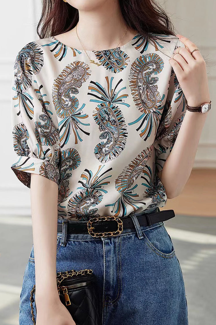 Round Neck Paisley Print Short Sleeve Blouse - liwisi