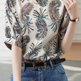Round Neck Paisley Print Short Sleeve Blouse - liwisi