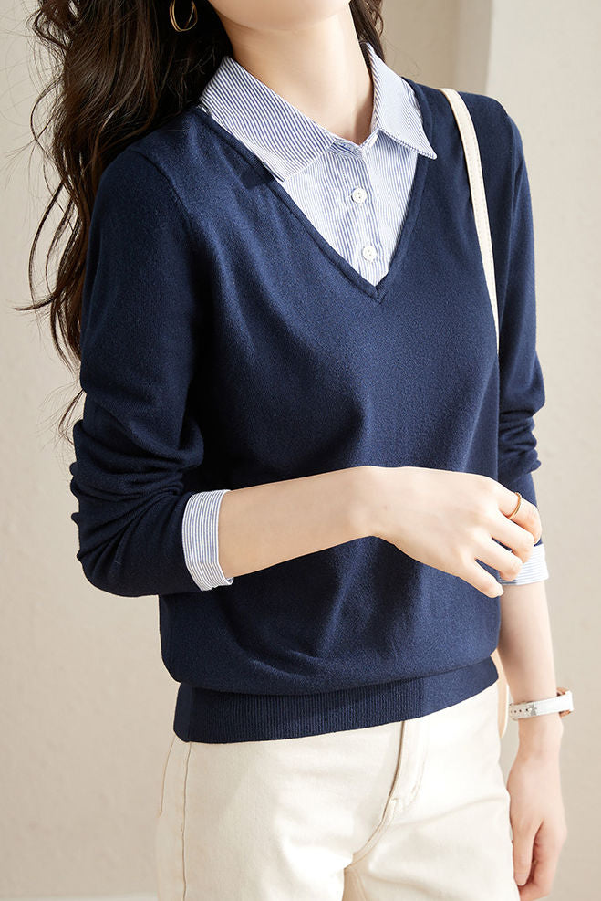 Casual Office Polo Collar Spliced Fake Two-Piece Knit Top - liwisi