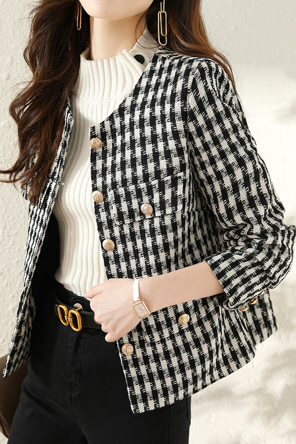 Elegant-Inspired Monochrome Houndstooth Single-Breasted Jacket with Lining - liwisi