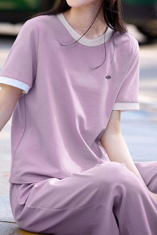 Casual color-block short-sleeve long pants two-piece set. - liwisi