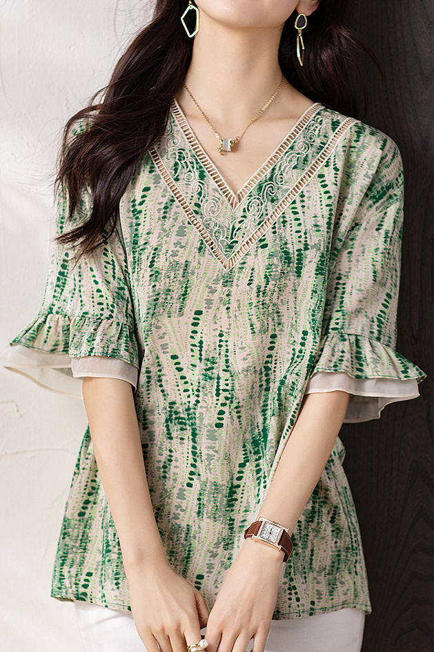 V-neck printed ruffled sleeve loose shirt - liwisi