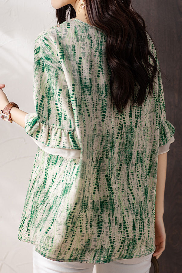 V-neck printed ruffled sleeve loose shirt - liwisi
