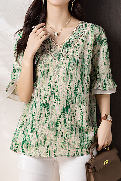 V-neck printed ruffled sleeve loose shirt - liwisi