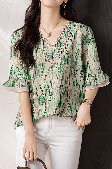V-neck printed ruffled sleeve loose shirt - liwisi