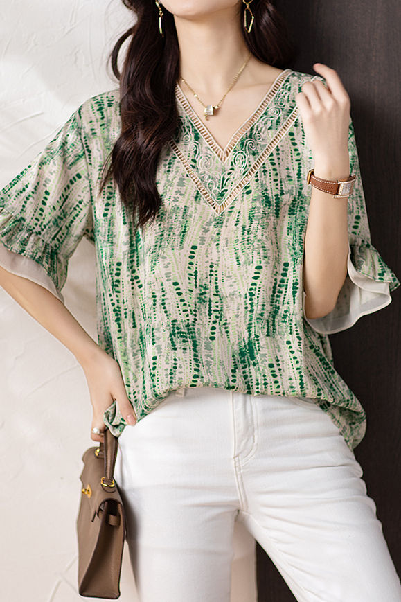 V-neck printed ruffled sleeve loose shirt - liwisi