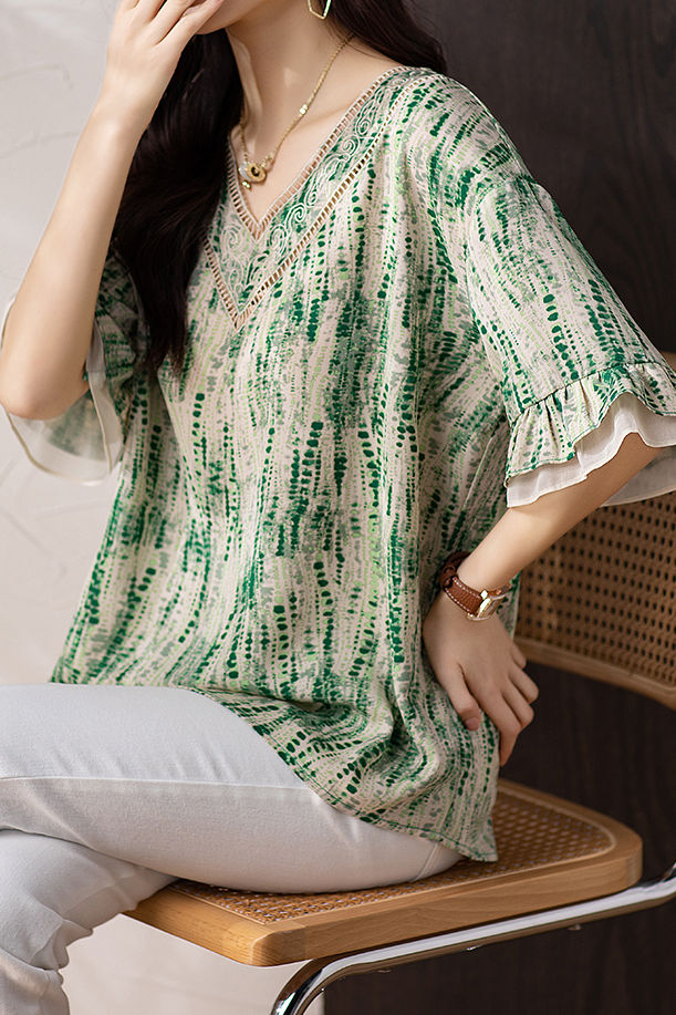 V-neck printed ruffled sleeve loose shirt - liwisi
