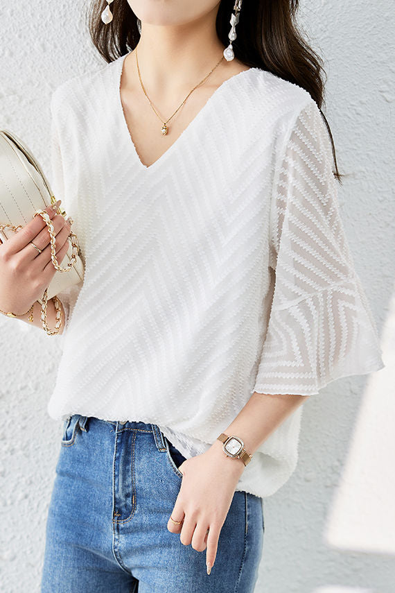V-neck bell sleeve loose shirt - liwisi