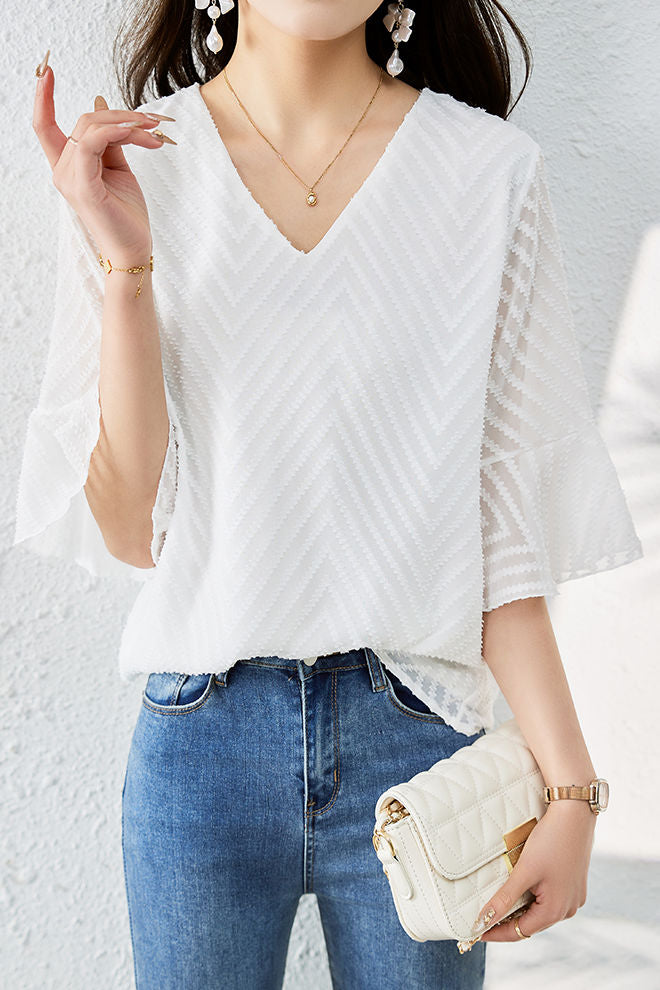V-neck bell sleeve loose shirt - liwisi