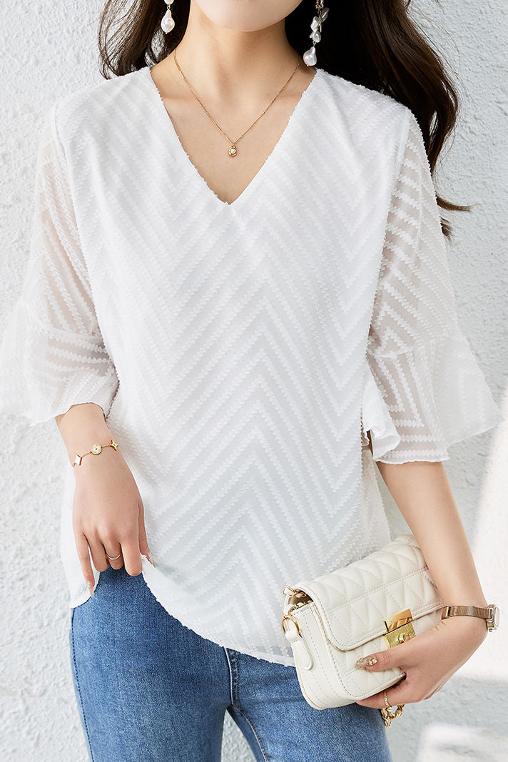 V-neck bell sleeve loose shirt - liwisi