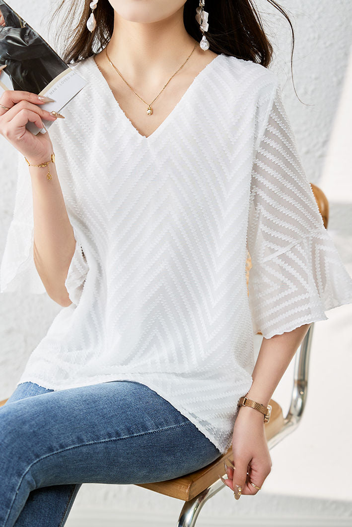 V-neck bell sleeve loose shirt - liwisi