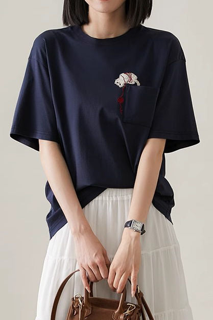 Cat embroidery round neck short sleeve pocket casual loose top - liwisi