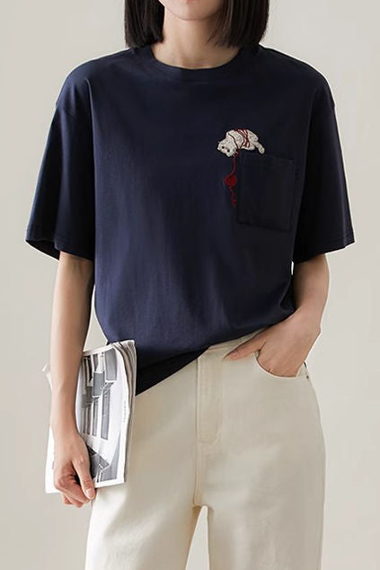 Cat embroidery round neck short sleeve pocket casual loose top - liwisi