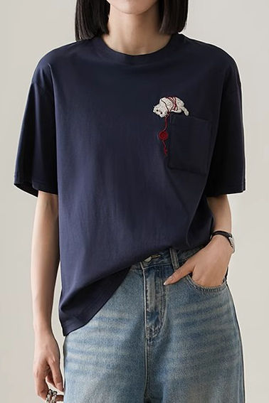 Cat embroidery round neck short sleeve pocket casual loose top - liwisi