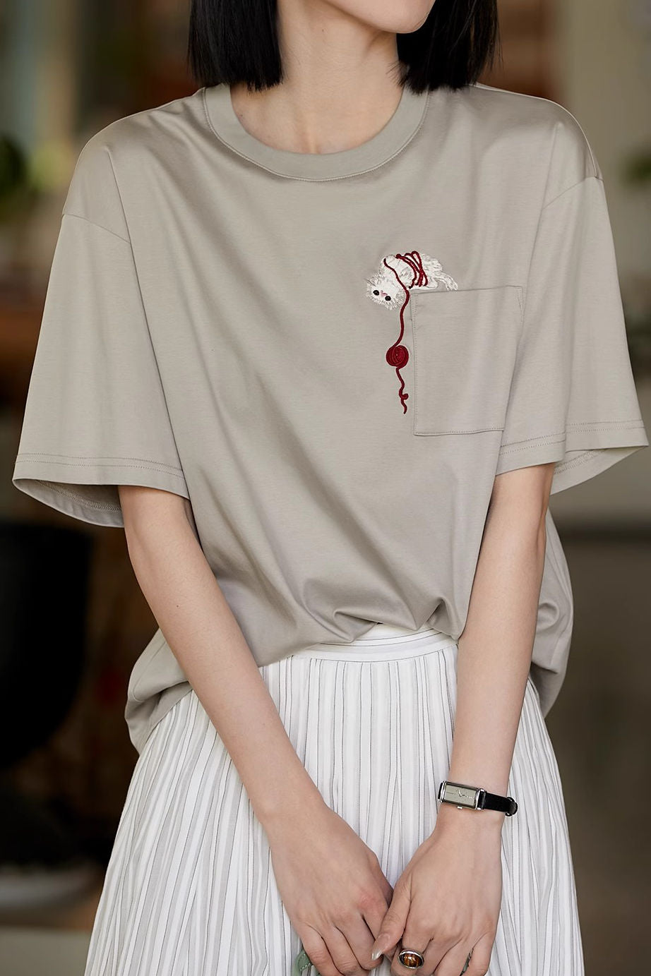 Cat embroidery round neck short sleeve pocket casual loose top - liwisi