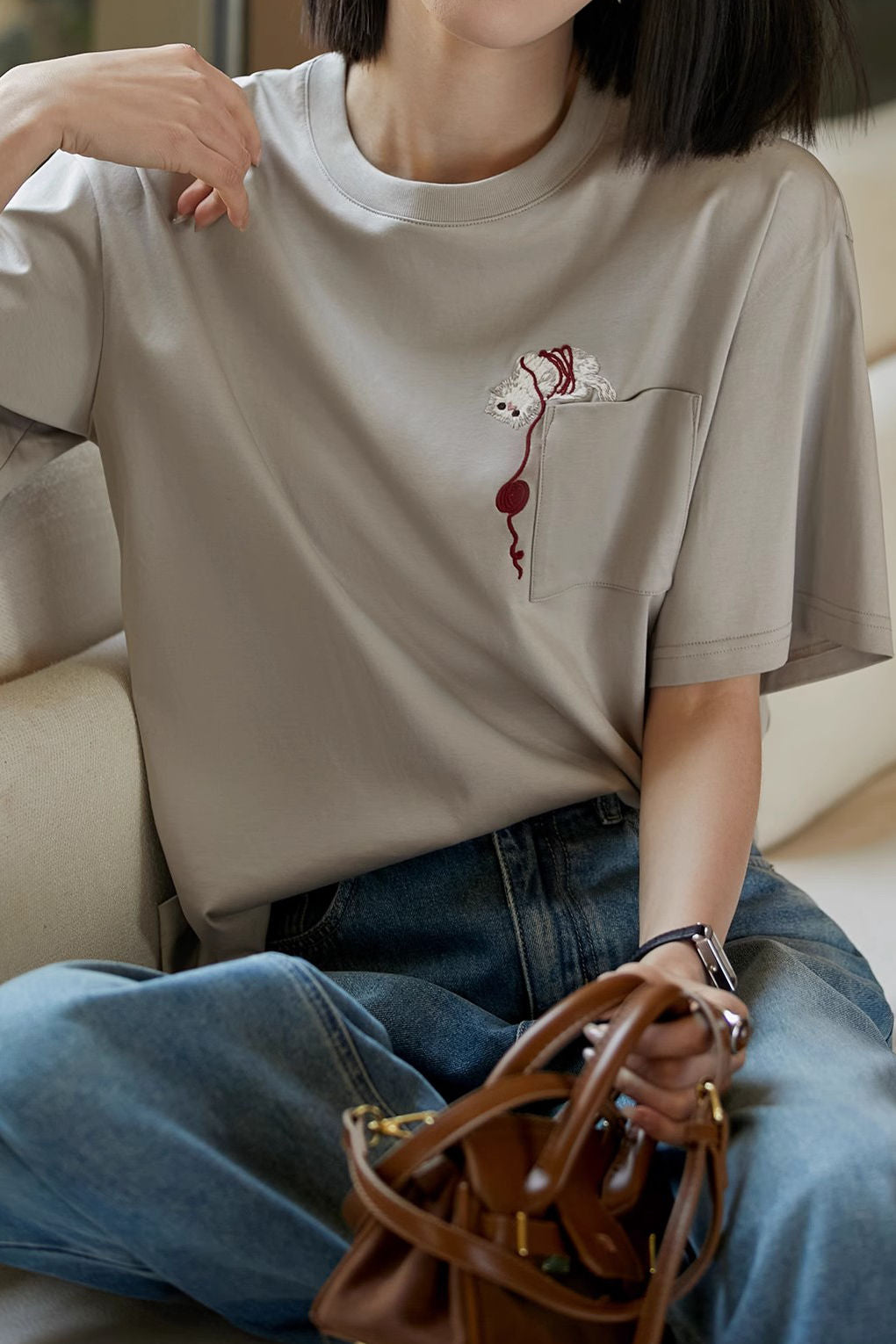 Cat embroidery round neck short sleeve pocket casual loose top - liwisi