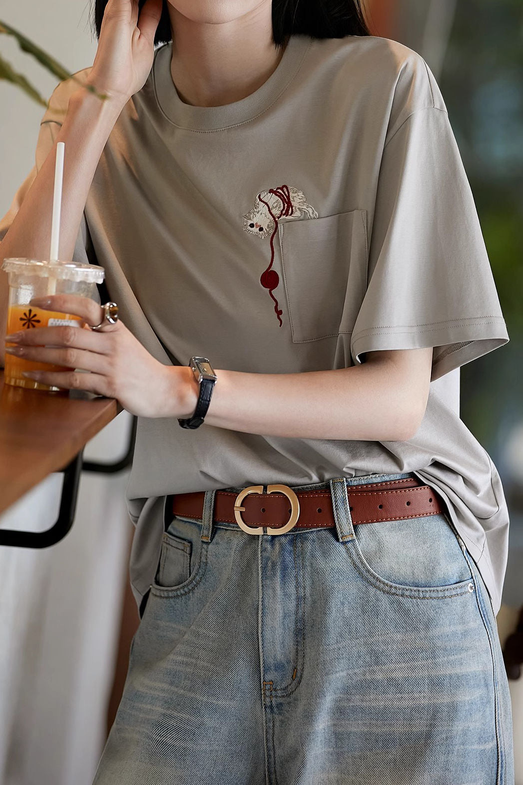 Cat embroidery round neck short sleeve pocket casual loose top - liwisi