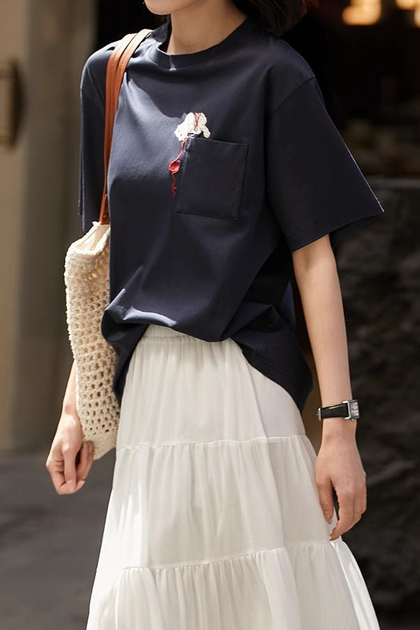 Cat embroidery round neck short sleeve pocket casual loose top - liwisi