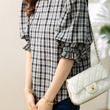 Ruffle Decor Round Neck Check Blouse - liwisi