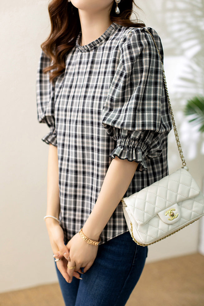 Ruffle Decor Round Neck Check Blouse - liwisi
