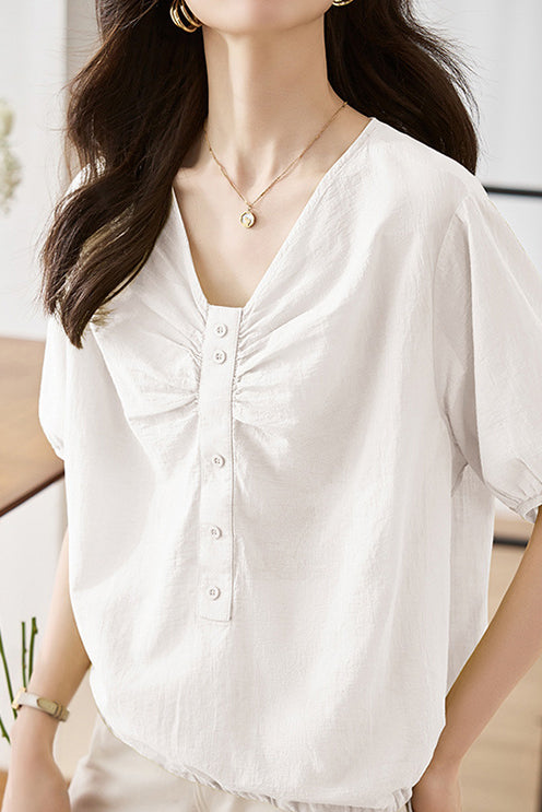 V-Neck Front Button Decor Drawstring Gathered Blouse - 3 Colors Available - liwisi
