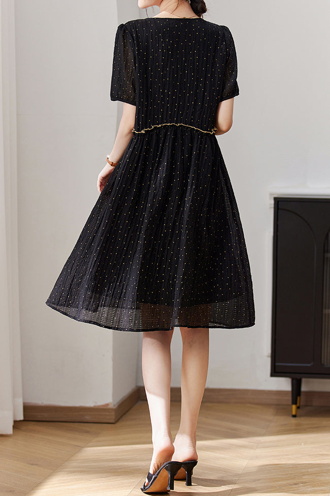 V-Neck Ruffle Decor Dot Pattern Sheer Dress with Lining - liwisi