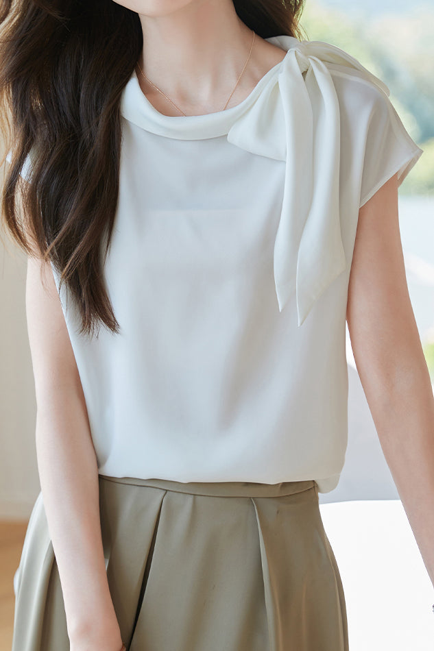 Diagonal Bow Tie Collar Drop Shoulder Satin Blouse - 2 Colors Available - liwisi