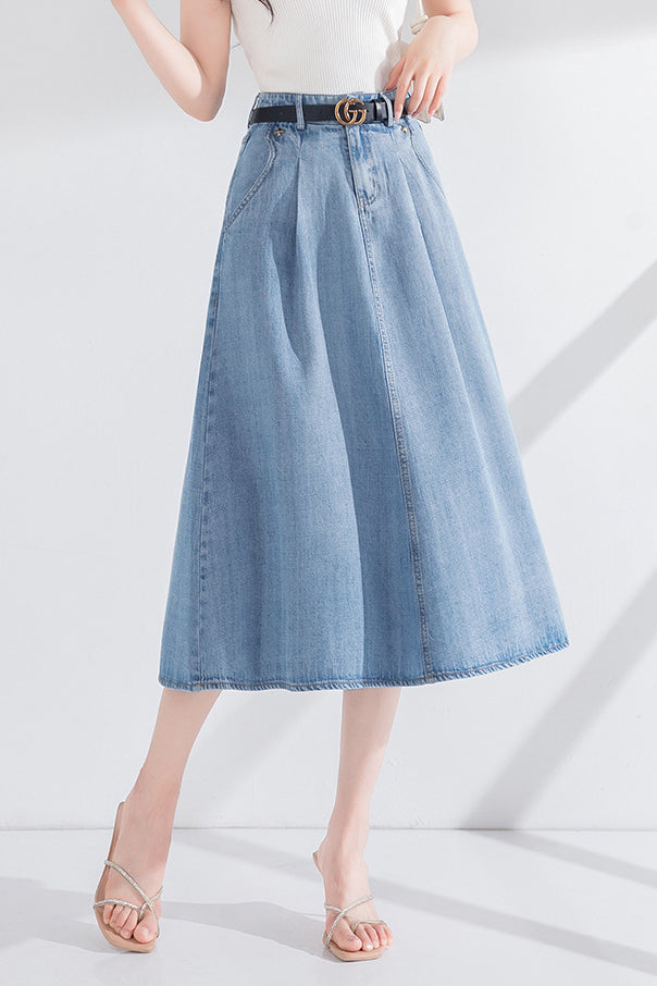 Side Pocket Long Flare Denim Skirt - 2 Colors Available - liwisi