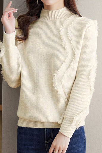 Bottle Neck Fringe Decor Long Sleeve Sweater - 4 Colors Available - liwisi