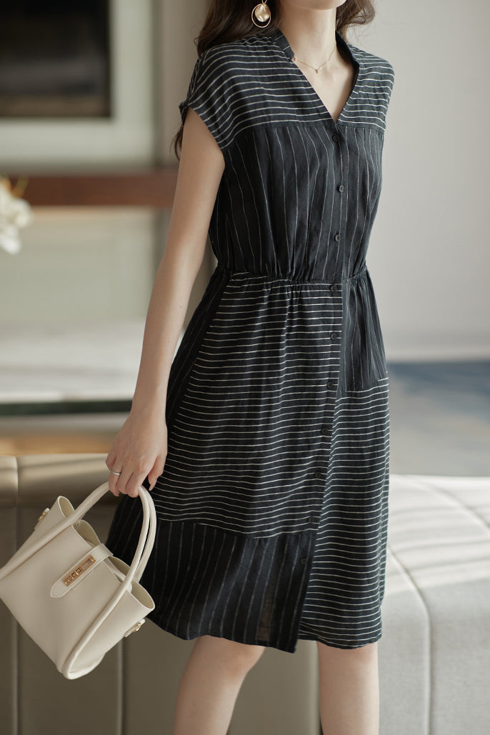 Skipper Collar Striped Docking Linen Dress - liwisi