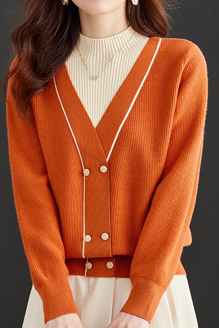 Contrast - color fake two - piece knitted sweater - liwisi