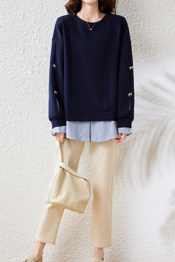 Layered Look Drop Shoulder Striped Contrast Sweatshirt - liwisi