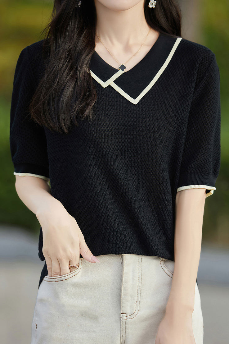 Asymmetrical Chelsea Collar Short Sleeve Knit - 3 Colors Available - liwisi