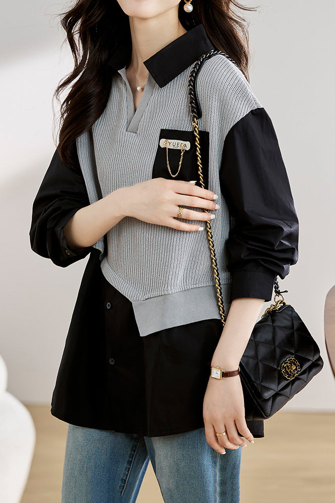 Layered Look Skipper Collar Knit Shirt - liwisi