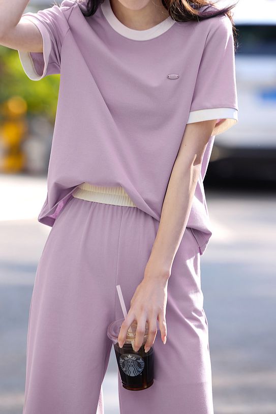 Casual color-block short-sleeve long pants two-piece set. - liwisi