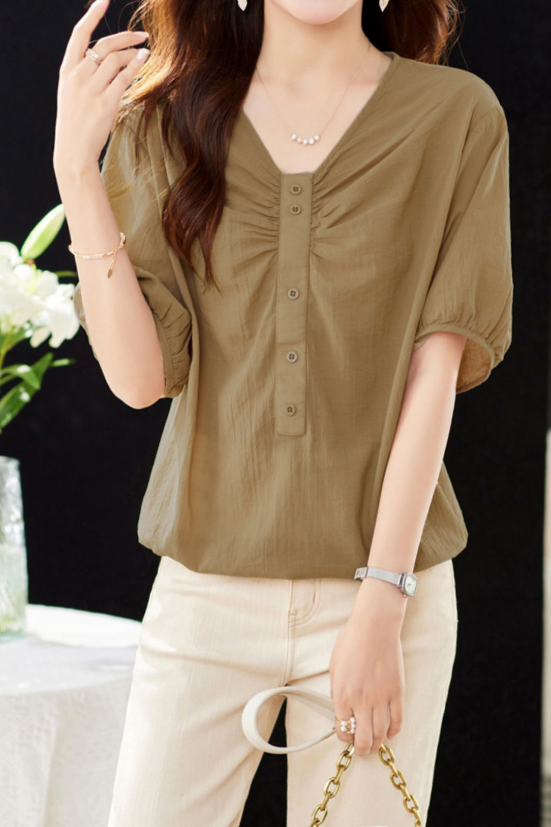 V-Neck Front Button Decor Drawstring Gathered Blouse - 3 Colors Available - liwisi