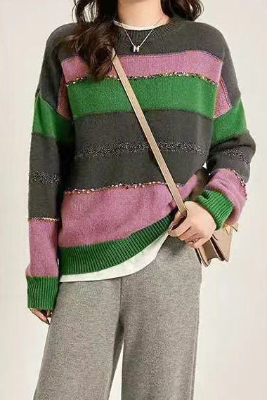 Patchwork color-contrasting striped sweater - liwisi