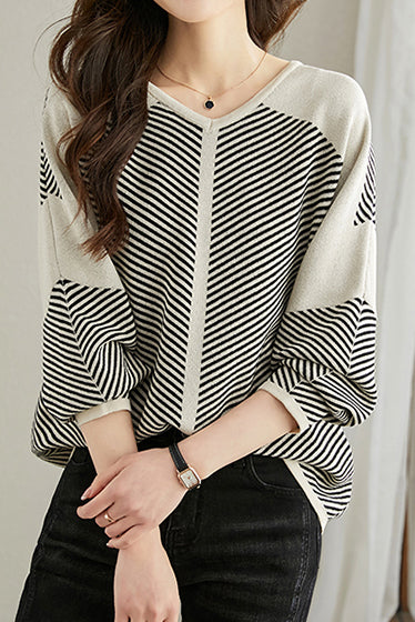 V-Neck Diagonal Stripe Contrast Knit Top - 2 Colors Available - liwisi