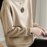 Round Neck Drop Shoulder Camellia Embroidered Sweatshirt - liwisi