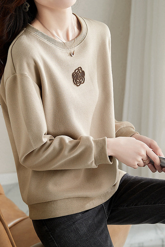 Round Neck Drop Shoulder Camellia Embroidered Sweatshirt - liwisi