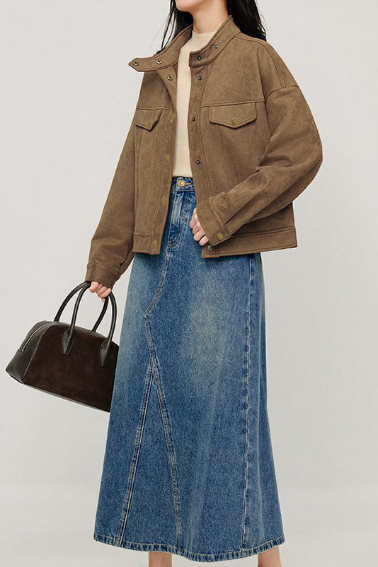 Stand Collar Short Jacket with Lining - 2 Colors Available - liwisi
