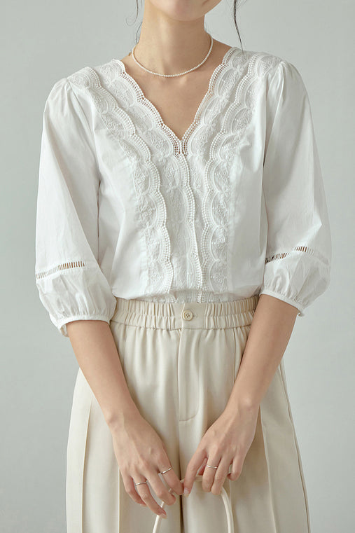 Scalloped V-Neck Embroidered Lace Contrast Puff Blouse - liwisi