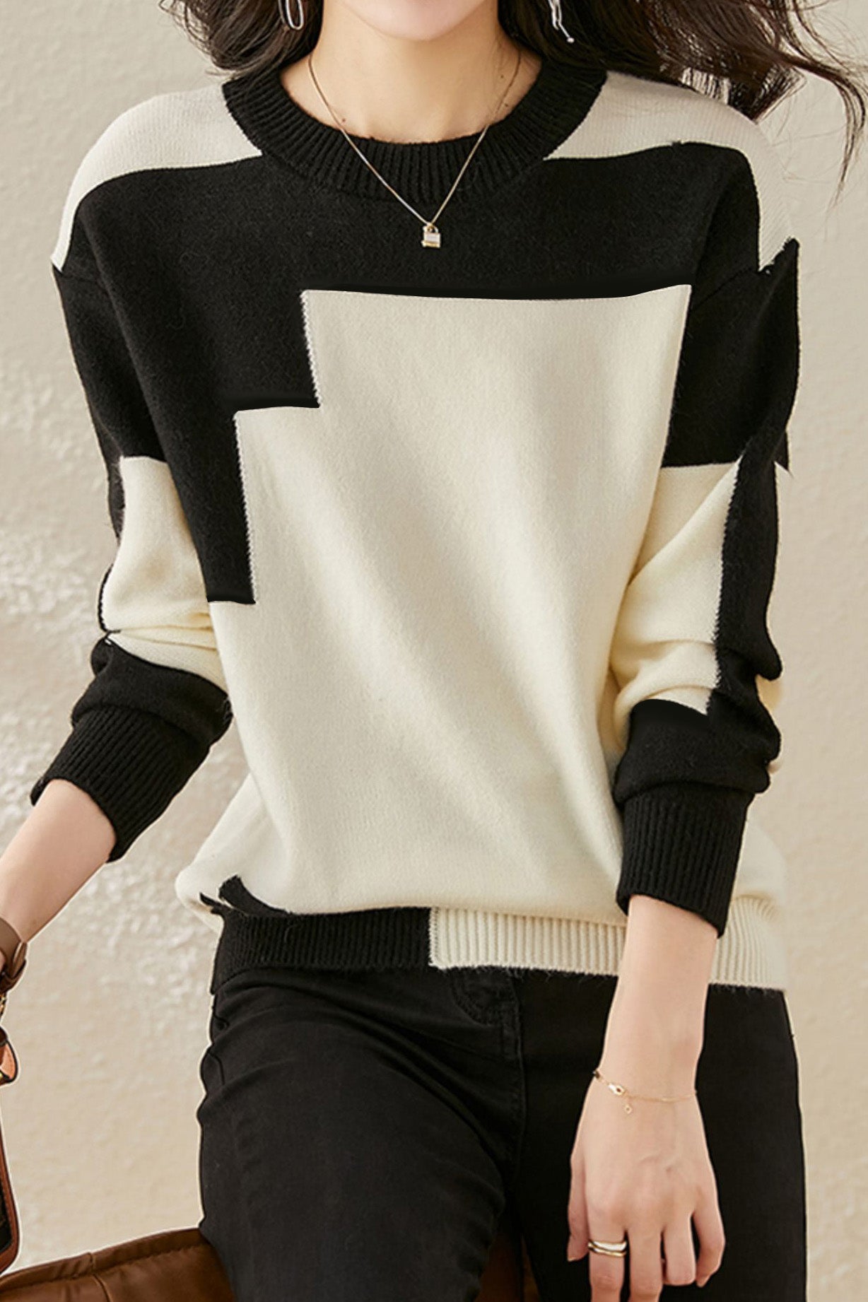 Casual Comfortable Dual-Tone Crew Neck Knit Sweater - liwisi