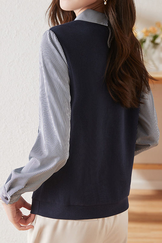 Commuter Versatile Polo Collar Stripe Long-Sleeve Fake Two-Piece Sweatshirt - liwisi